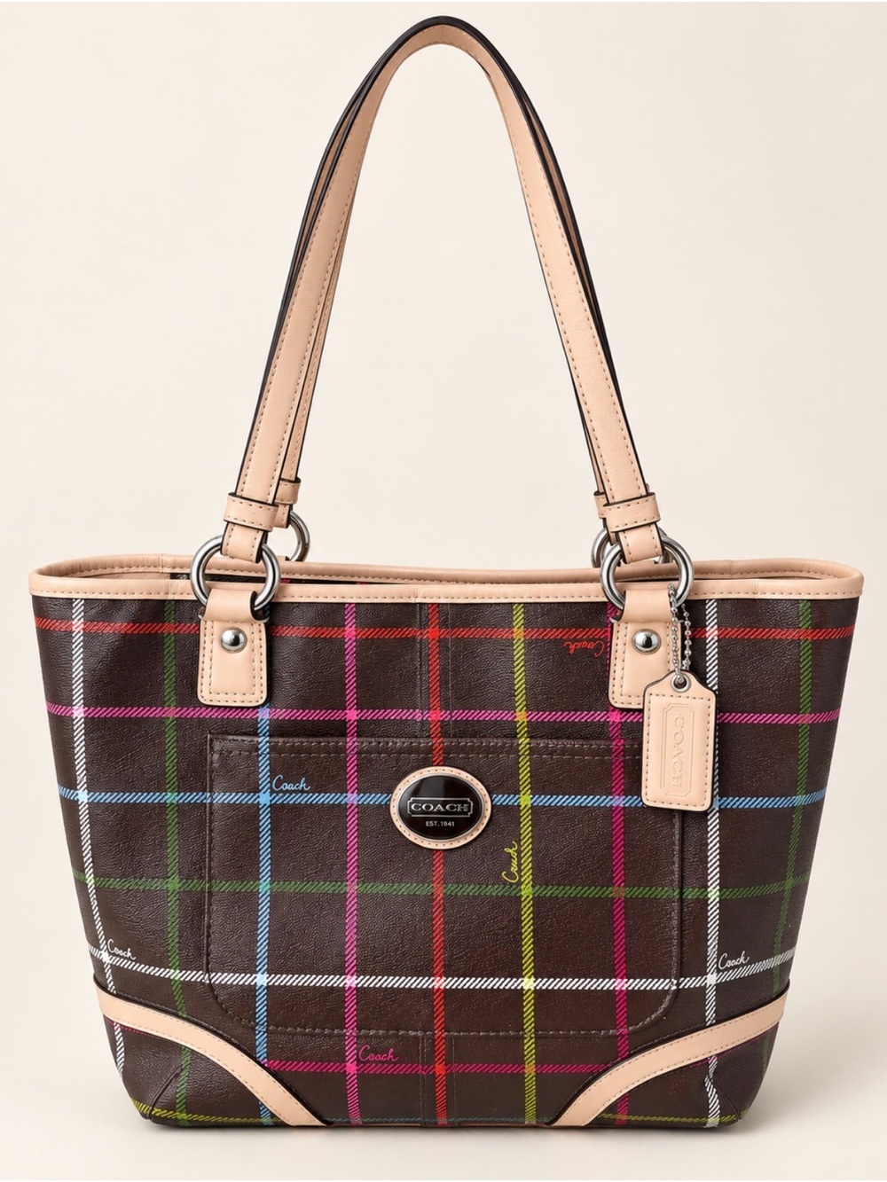 Coach Peyton Tattersall Shopper Tote Brown Plaid Leather F24389 2013